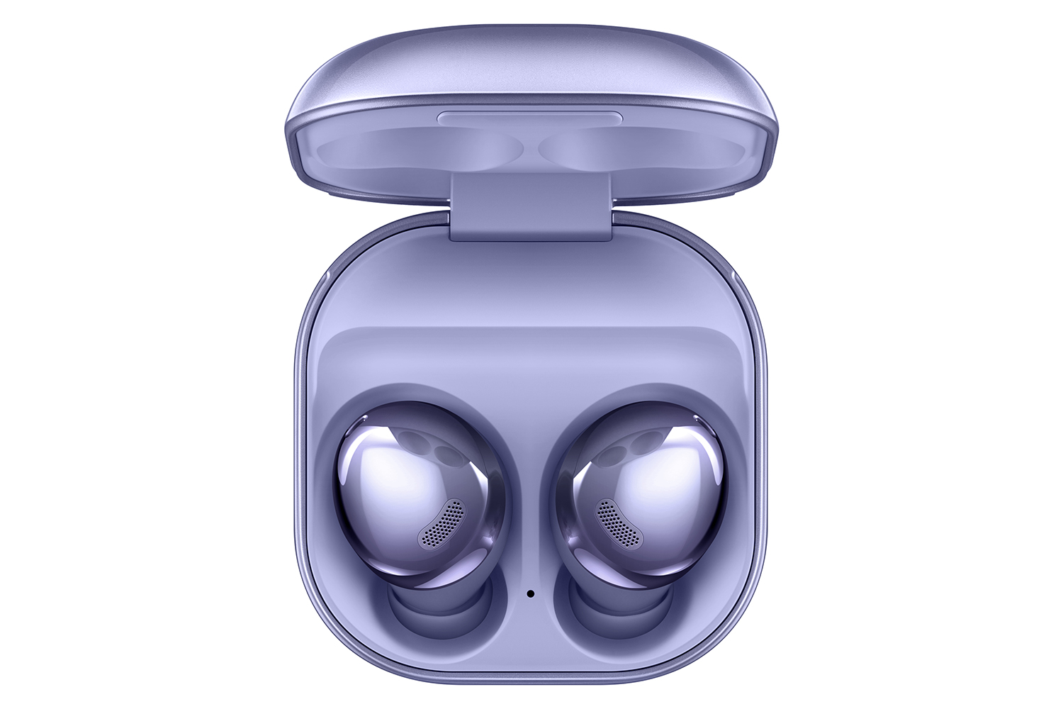 Galaxy Buds Pro in phantom violet inside the case from top view 